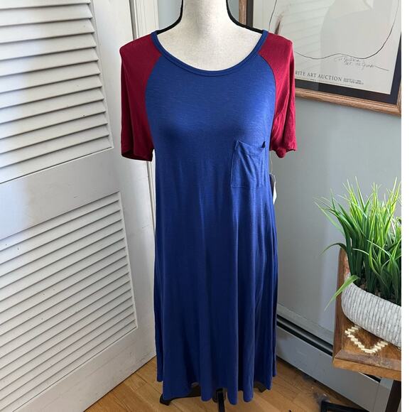 LULAROE Womens Dress Small Blue Red Carly Color Block Jersey Knit Casual Midi - Picture 1 of 11